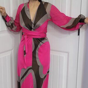 ISSA London Maxi Pink Brown Long Sleeve Multi Dress